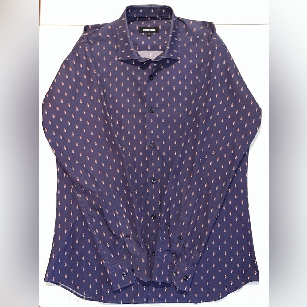 Jared Lang Men's Long Sleeve Blue Button Down Graphic Shirt, Size Medium